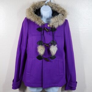 Vintage Juicy Couture Purple Wool Duffle Coat Faux Fur Hood Women's S Y2K